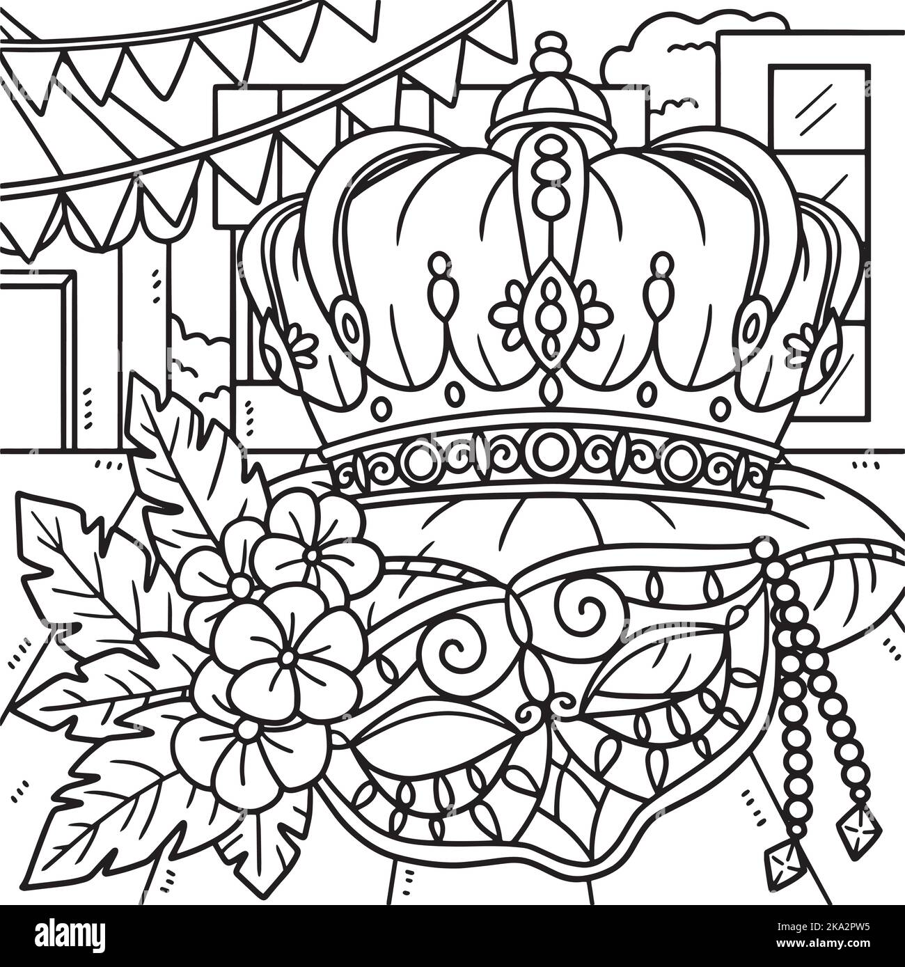 Mardi Gras King Krone und Maske Malseite Stock Vektor