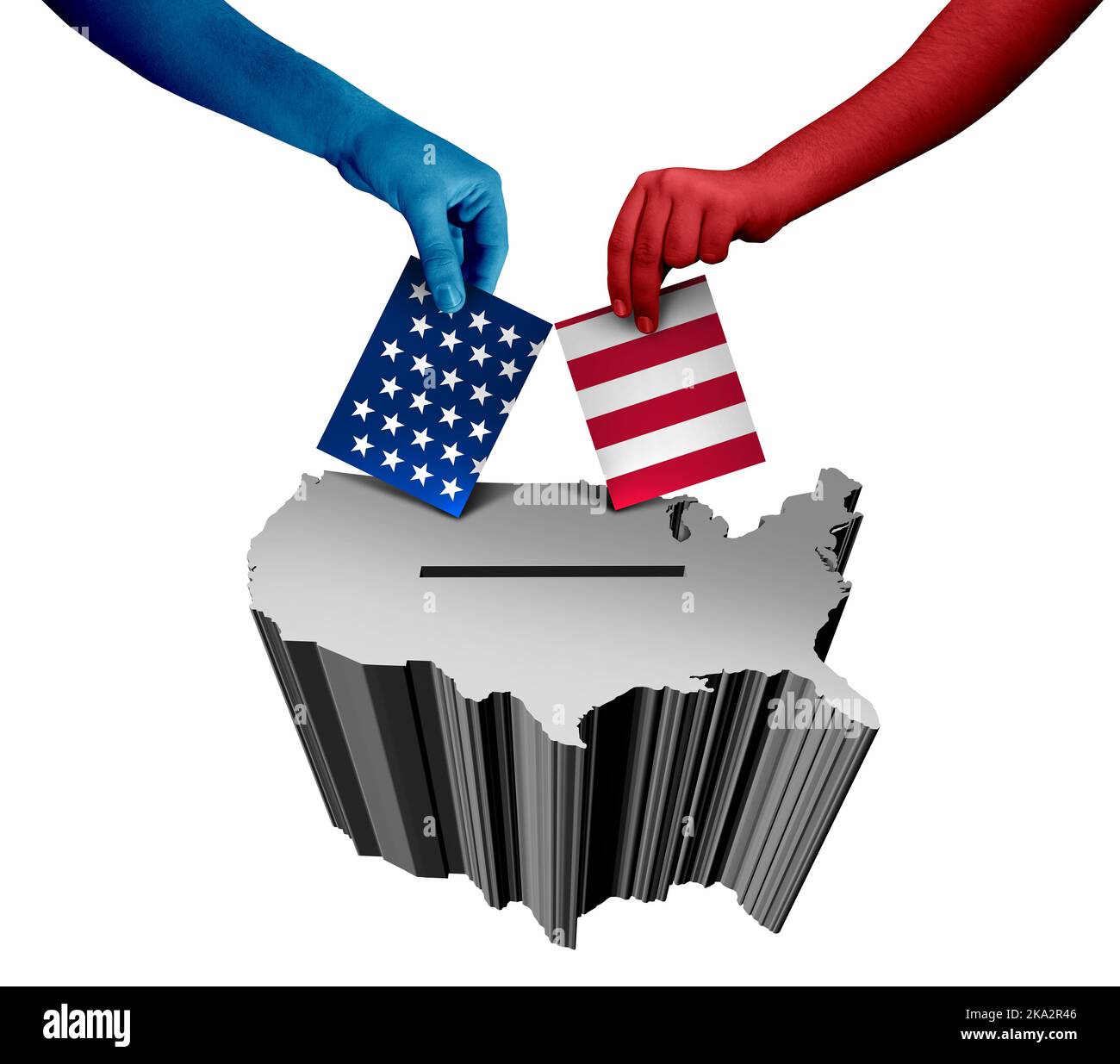 Die Vereinigten Staaten wählen und die USA wählen oder die USA wählen als amerikanisches Wahlkonzept mit roten und blauen Staatssymbolen als Symbol des Präsidenten Stockfoto