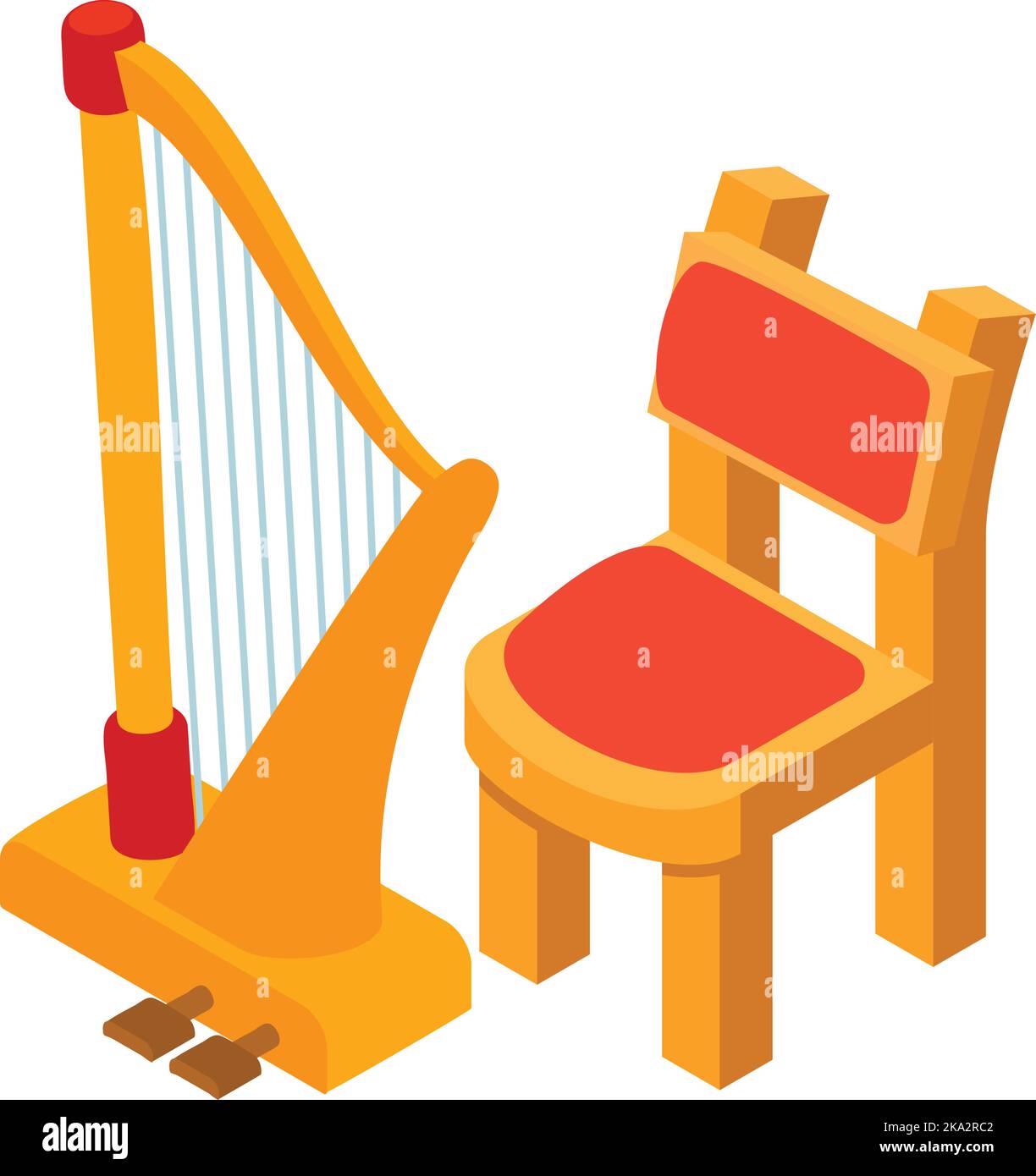 Isometrischer Vektor der klassischen Harfe. Saiteninstrument neben dem Stuhl. Musik- und Kunstkonzept Stock Vektor