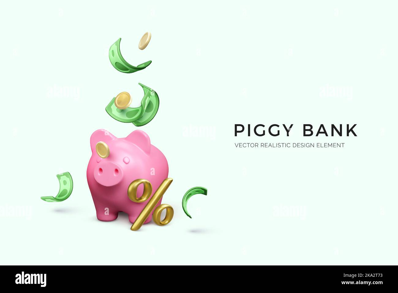 Pinkes Sparschwein mit goldenem Prozentzeichen und goldener Papierwährung. Investitionen und Geschäfte. Geld sparen auf Bankkonto mit gutem Interesse ra Stock Vektor