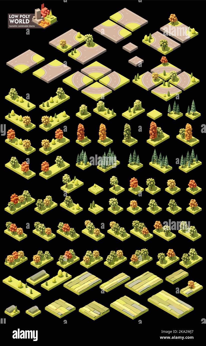 Erstellung der isometrischen Weltkarte für Vektorgrafiken eingestellt. Kombinierbare Kartenelemente. Verschiedene Bäume, Straßenelemente, Gewächshaus Stock Vektor