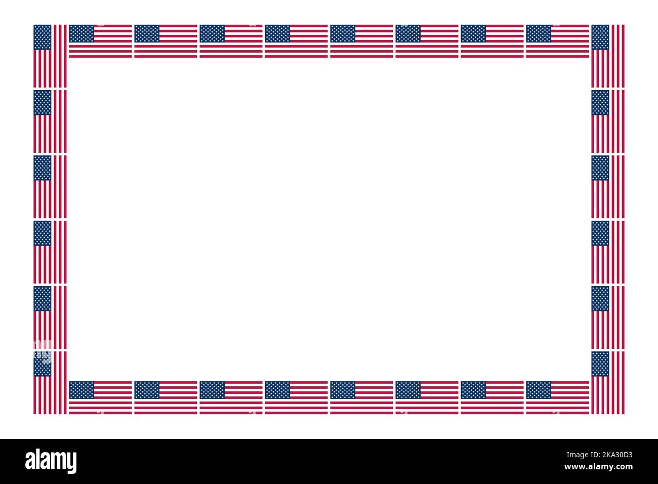 Rechteckiger Rahmen mit amerikanischem Flaggenmuster. Dekorative rechteckige Grenze aus wiederholt vertikal und horizontal angeordneten Nationalflaggen der USA. Stockfoto