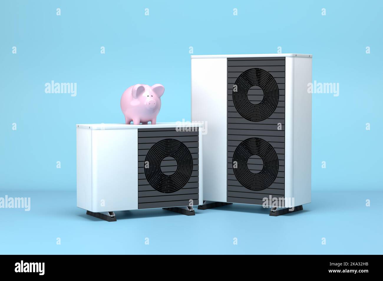 3D Render einer kleinen und großen fiktiven Luftwärmepumpe mit einem Sparschwein auf der Spitze. Konzept zur Energieeinsparung durch den Einsatz von elektrischen Luftwärmepumpen Stockfoto