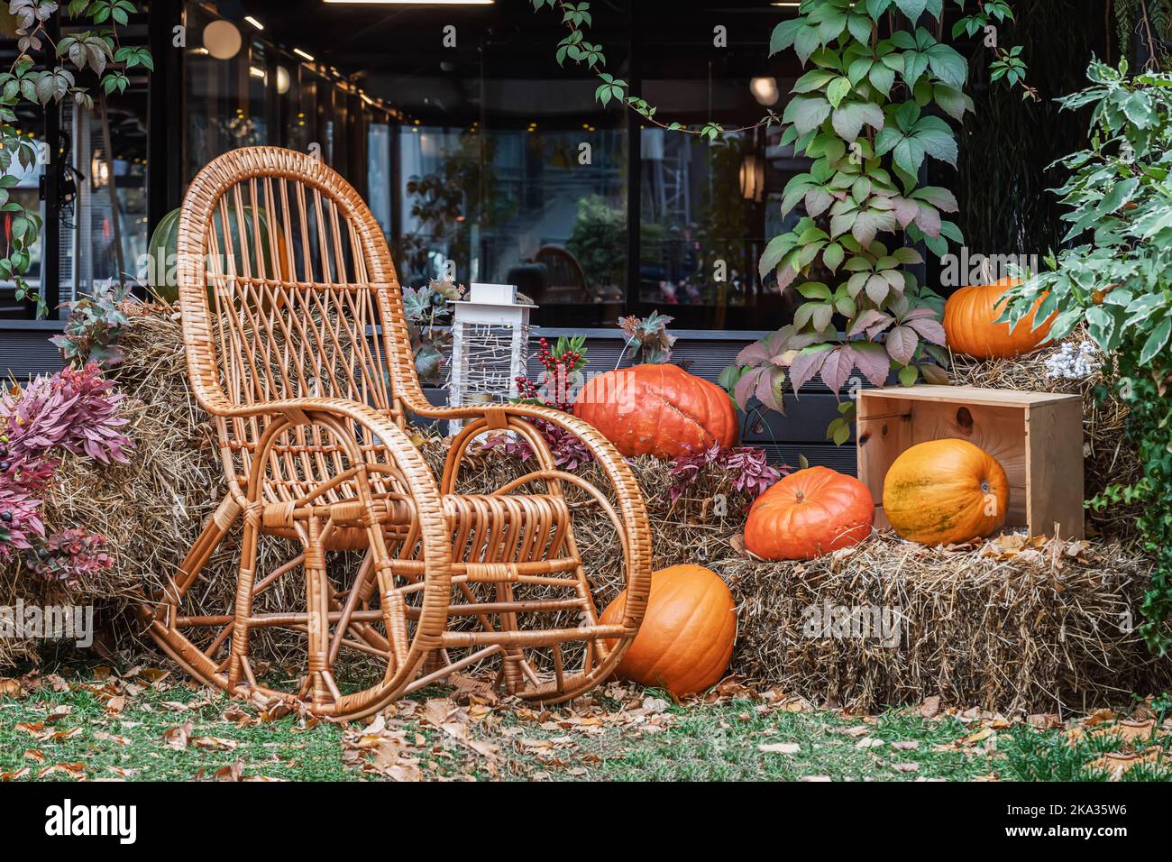 Gemütlicher Herbstgarten. Herbstterrasse, Hinterhof mit Stuhl, Kürbisse, Heuhaufen, rustikalen Stil. Halloween, Thanksgiving Herbstjahreskonzept Stockfoto