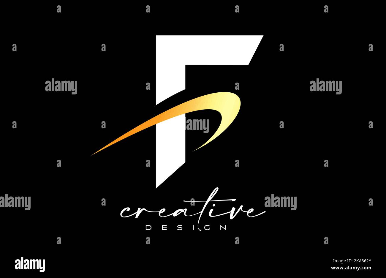 F Logo-Design mit kreativem goldenem Swoosh. Anfangsbuchstabe f mit Vektorgrafik für gekrümmte Formen. Stock Vektor