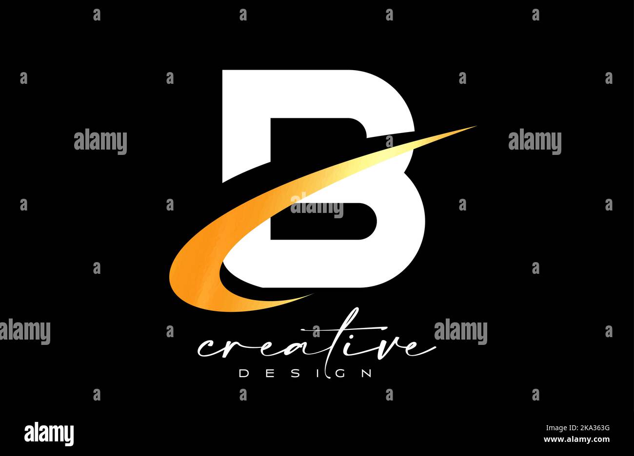 B-Logo-Design mit kreativem goldenem Swoosh. Anfangszeichen Buchstabe b mit Vektorgrafik mit gekrümmter Form. Stock Vektor