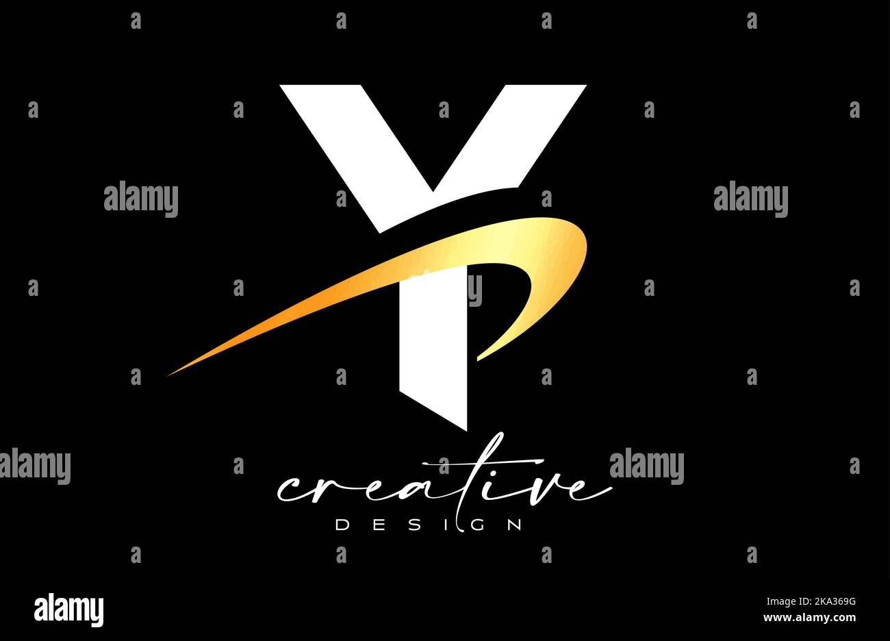 Y-Letter Logo Design mit kreativem goldenem Swoosh. Anfangsbuchstabe y mit Vektorgrafik für gekrümmte Formen. Stock Vektor