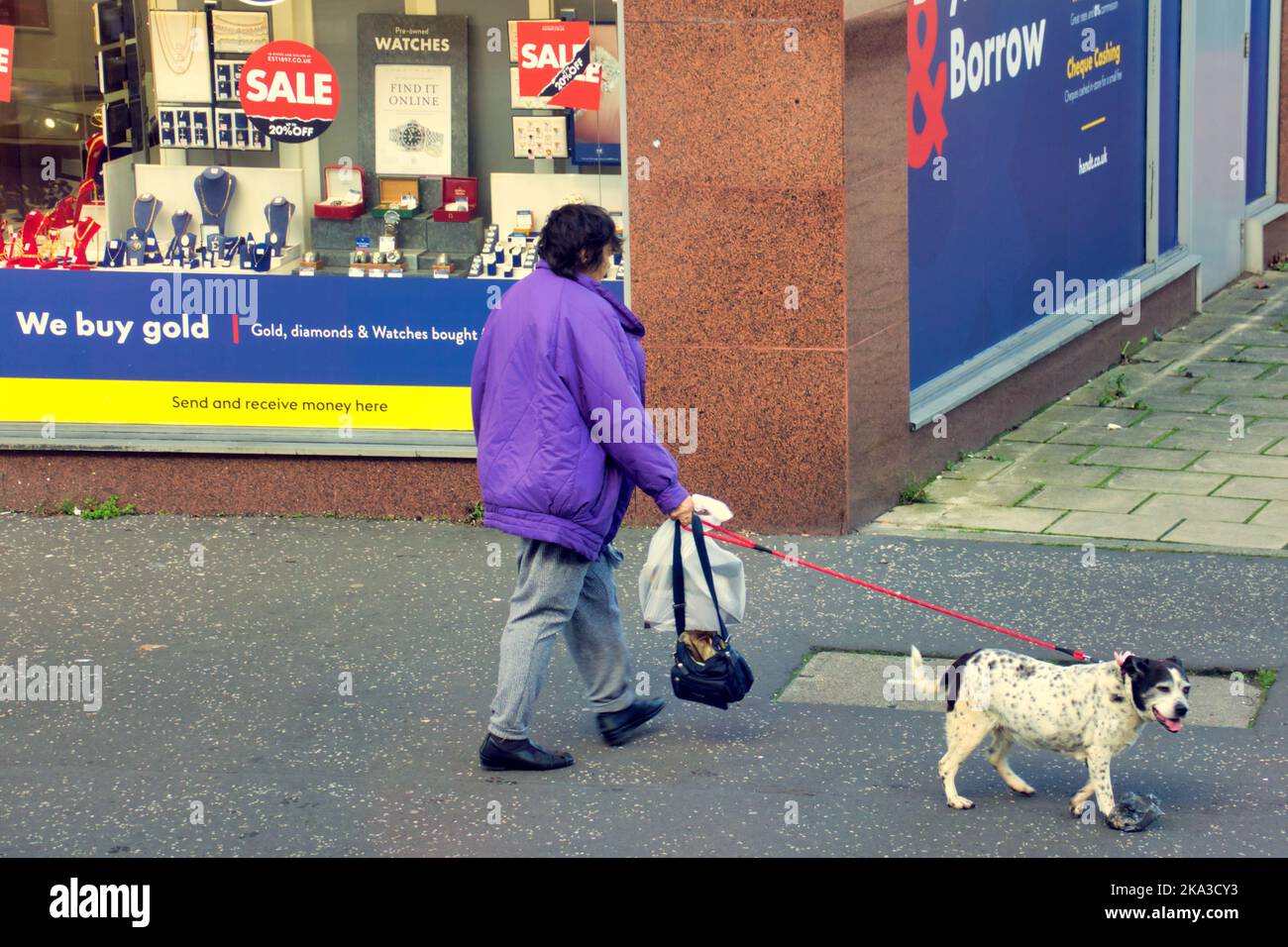 Hundespaziergänger auf der Straße Great Western Road Glasgow, Schottland, Großbritannien Stockfoto