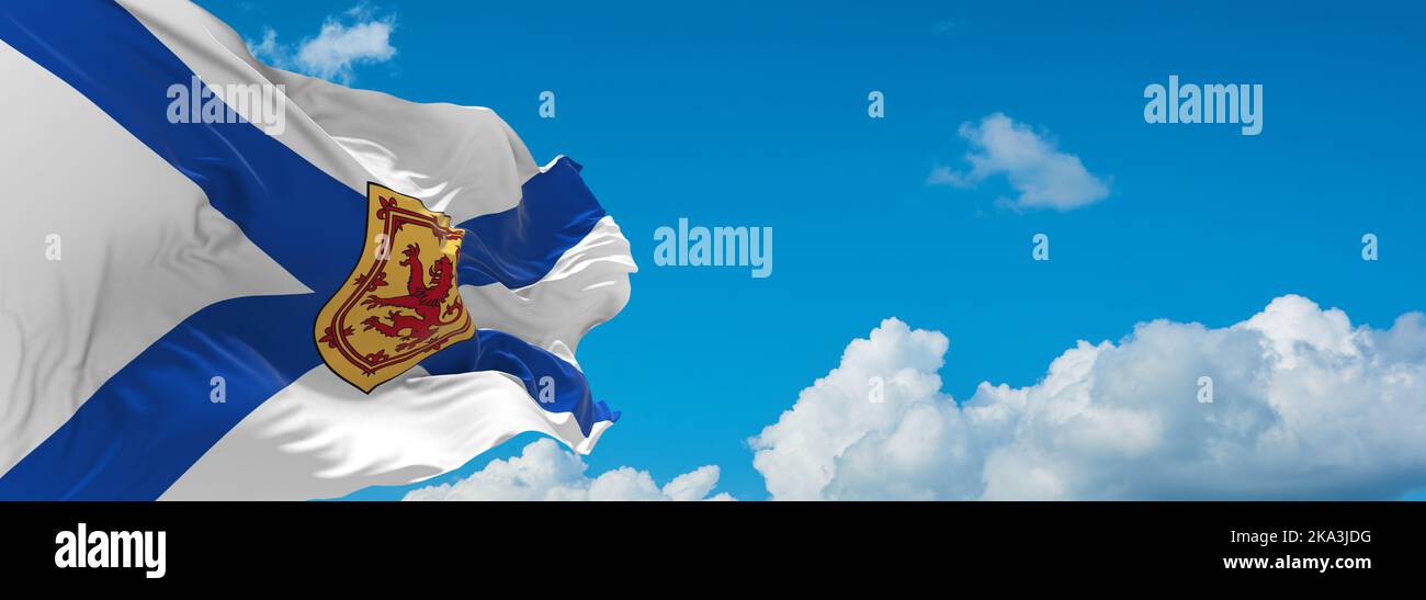 Flagge britisch-irischer Abstammung schottischer Kanadier bei wolkiger Himmelshintergrund, Panoramablick. Flagge, die ethnische Gruppe oder Kultur repräsentiert, regionaler Autor Stockfoto