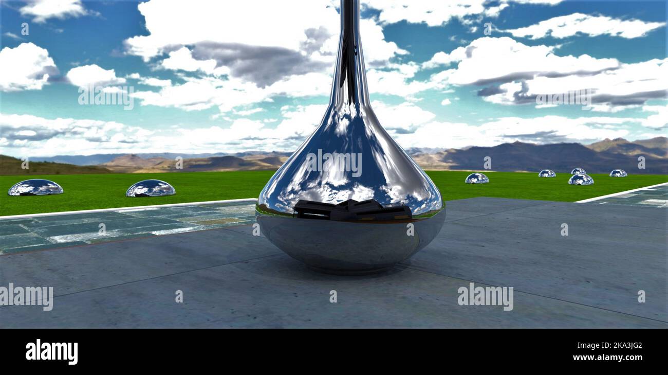 Geheimnis des Heiligen Grals. Ein Haus in einem transparenten Gefäß oder einfach nur seine Spiegelung auf einer verchromten Shisha. 3D Rendern. Stockfoto