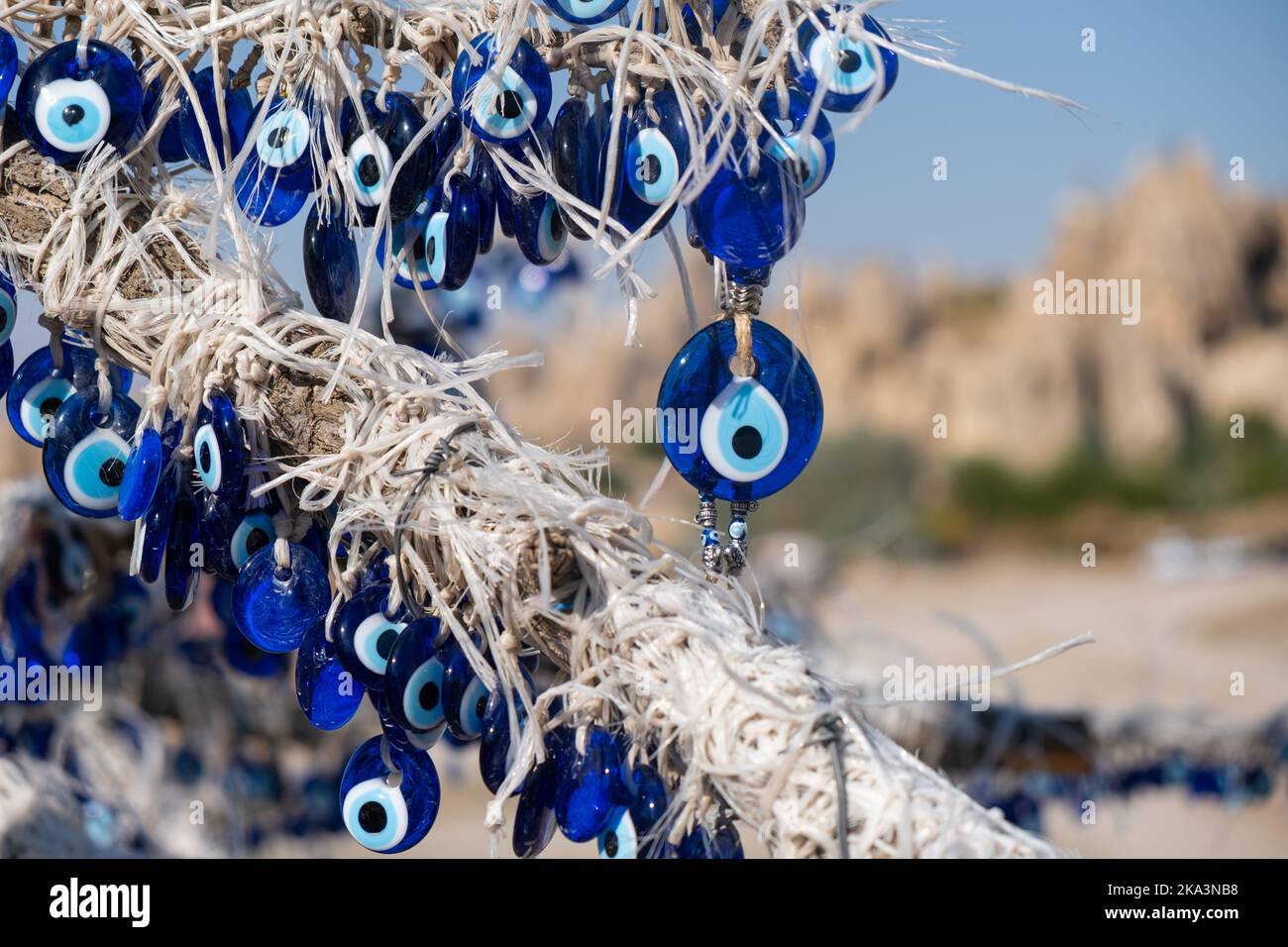 Viele traditionelle türkische Amulette mit bösen Augen auf dem Baum nazar aus blauem Glas Stockfoto