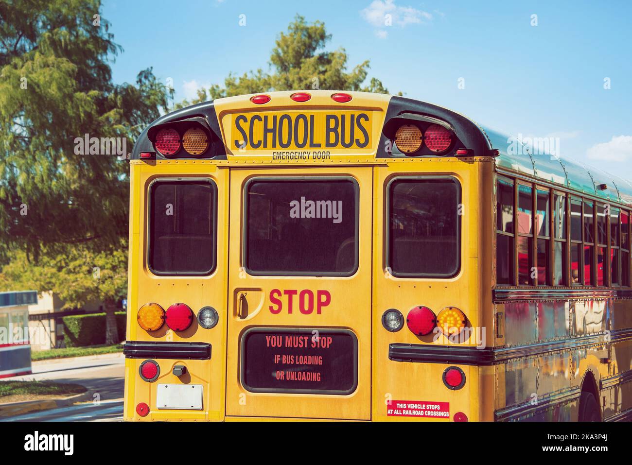 Rückansicht eines gelben Schulbusses. Zurück zum Schulkonzept. Stockfoto
