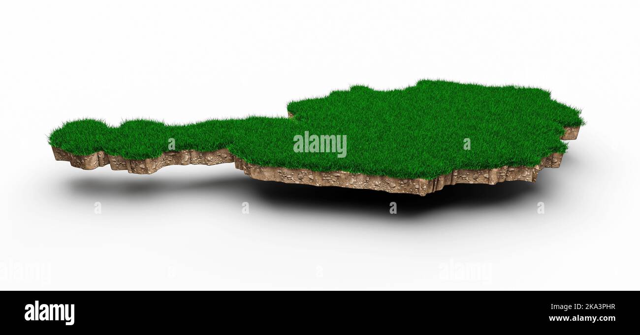 Eine Illustration der Österreich-Karte aus dem Jahr 3D mit grünem Gras und felsigem Boden isoliert auf weißem Hintergrund Stockfoto