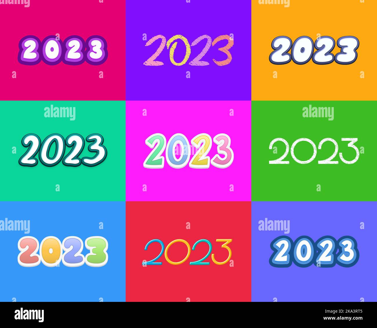 Kreativer mehrfarbiger Hintergrund mit 2023 Kalenderdaten für Webdesign, Vektor Stock Vektor