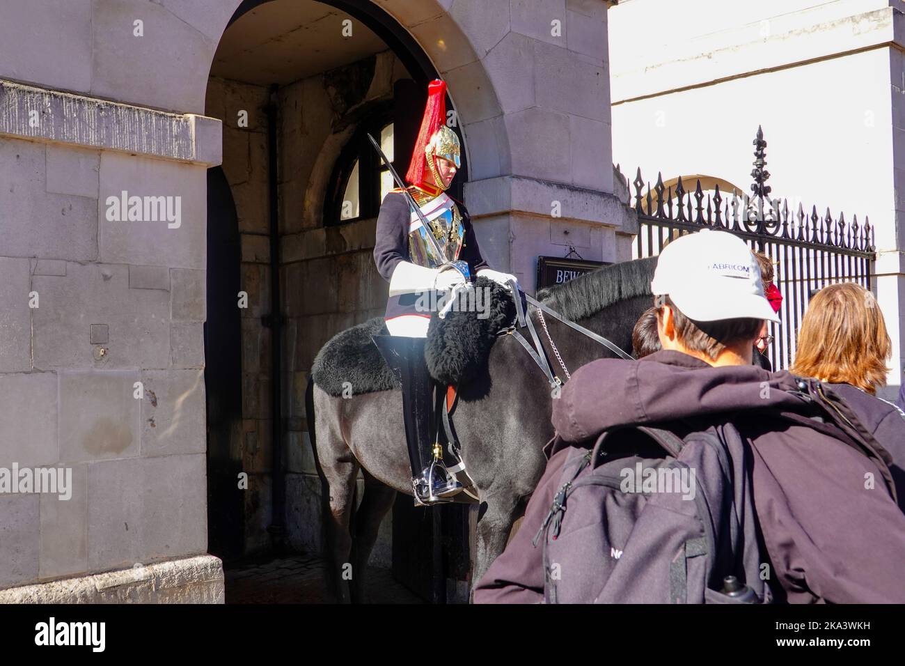 Eine berittene Blues- und Royals-Truppe im Dienst, während Besucher mit ihrem Pferd, London, interagieren. Stockfoto