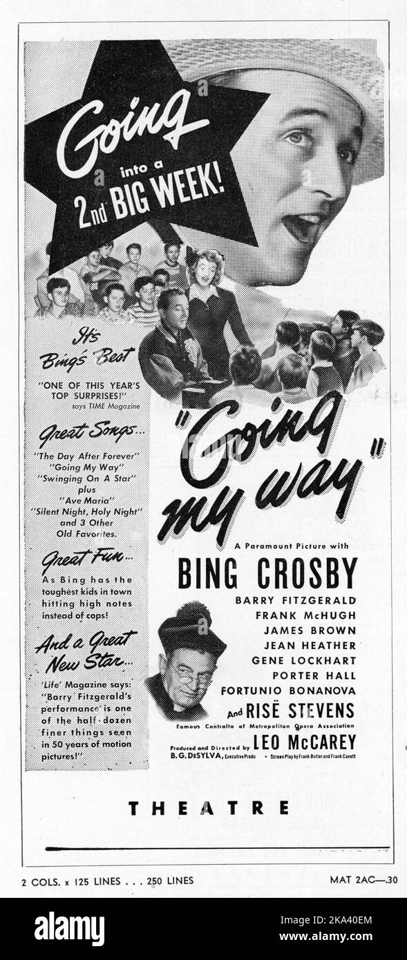 BING CROSBY BARRY FITZGERALD und RISE STEVENS in GOING MY WAY 1944 Regisseur/Produzent/Story LEO McCarey Paramount Pictures Stockfoto