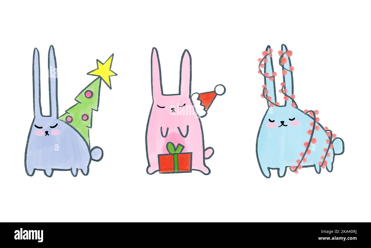 Zeichnen Vektor Illustration Sammlung niedlichen Hase für Weihnachten und Winter Doodle Cartoon-Stil Stock Vektor