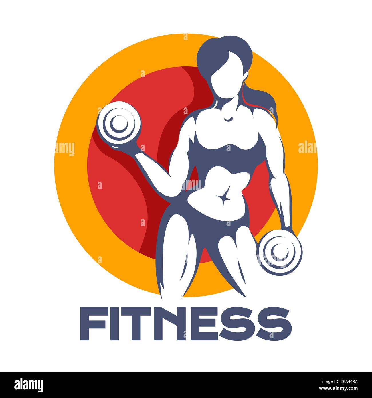 Farbiger Fitnesslogo-Entwurf. Frau hält Kurzhanteln isoliert auf weißem Hintergrund. Vektorgrafik. Stock Vektor