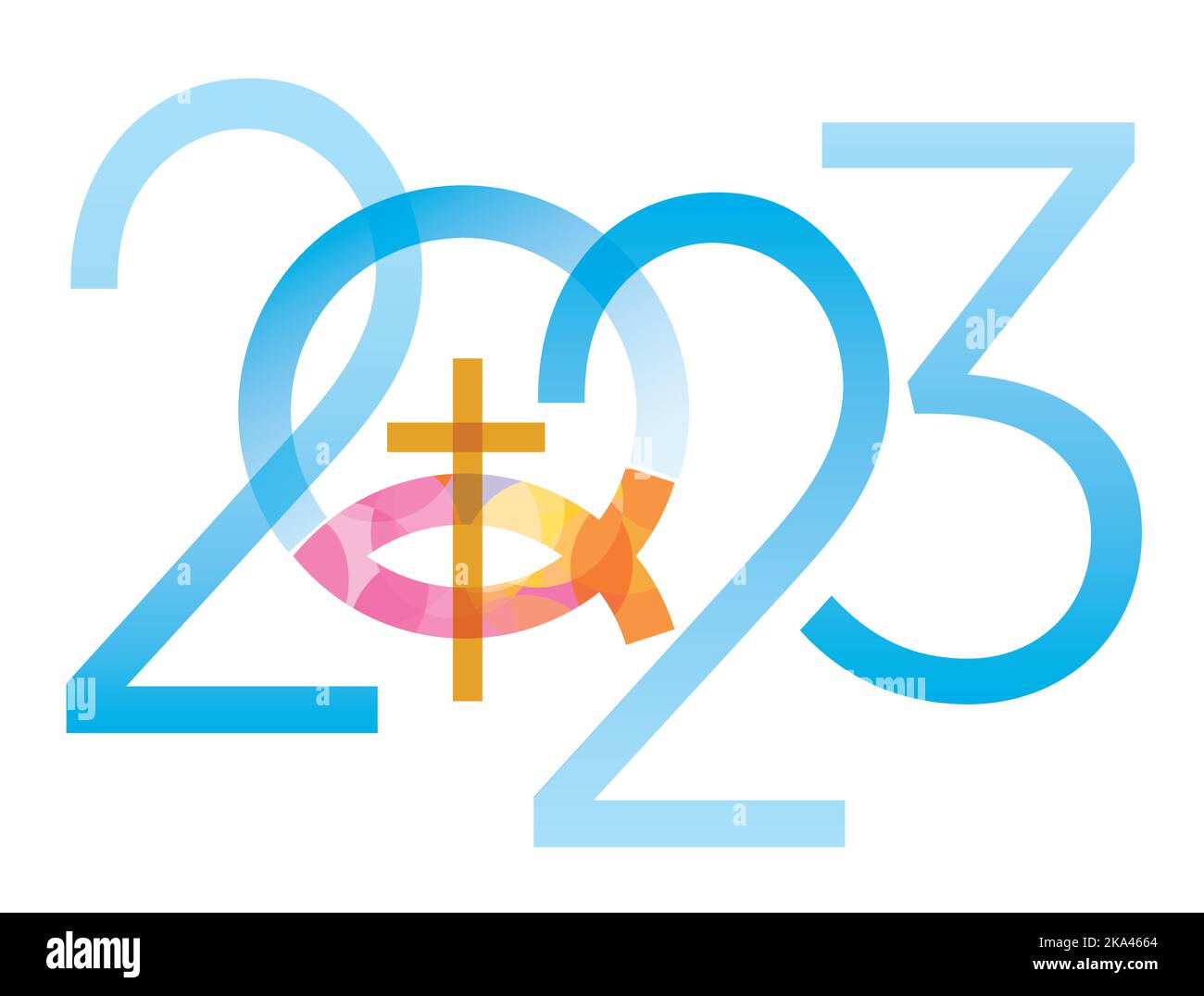 Jesus Fisch Symbol, neues Jahr. 2023 Neujahr mit Jesus Fisch Symbol mit Kreuz. Isoliert auf weißem Hintergrund. Vektor verfügbar. Stock Vektor