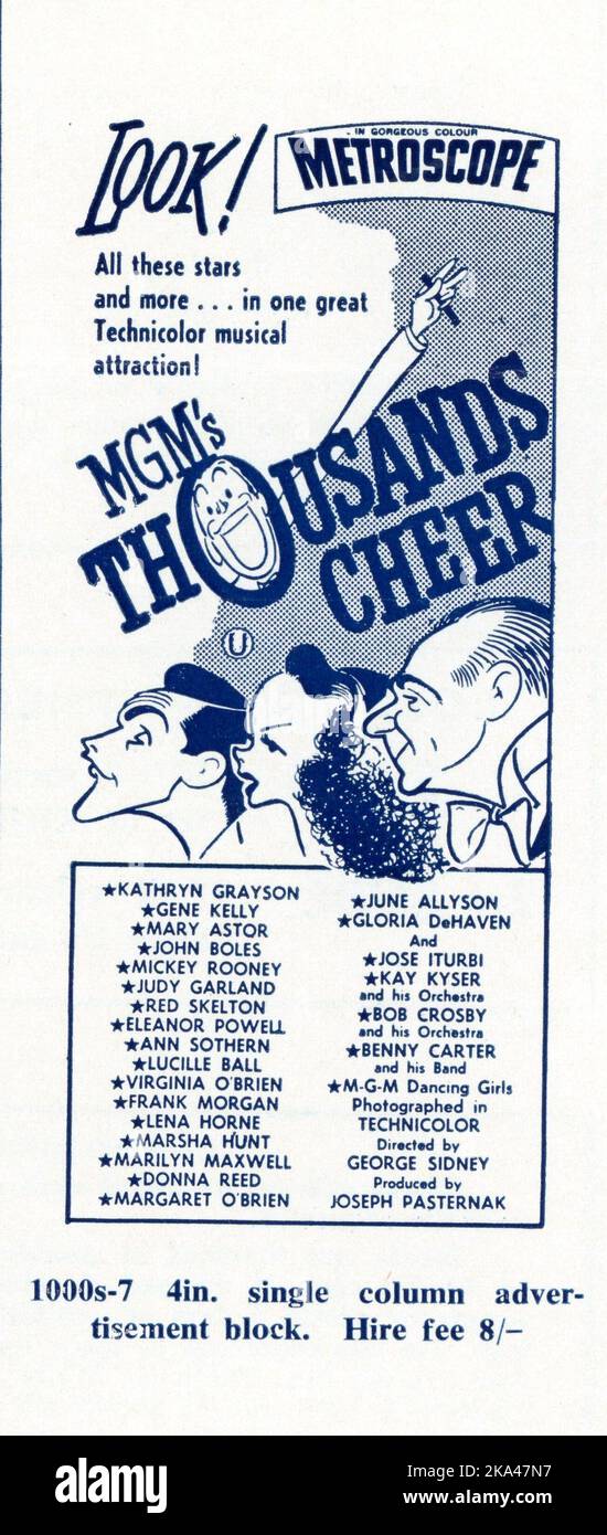 Ad Block mit Kunst von AL HIRSCHFELD aus dem Jahr 1955 Neuauflage in Metroscope von GENE KELLY, KATHRYN GRAYSON und JOSE ITURBI in THOUSENS CHEER 1943 Regisseur GEORGE SIDNEY Story / Drehbuch Paul Jarrico und Richard Collins Produzent Joe Pasternak Stockfoto