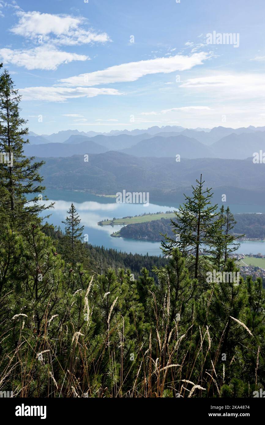Wandern, Weg zum Berg Herzogstand, Walchensee, Deutschland Stockfoto
