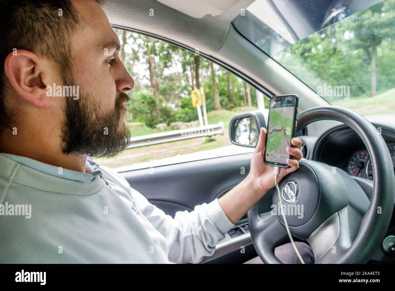 Bogota Kolumbien, Santa Fe Uber Fahrer fahren, Mann Männer männlich Interieur im Auto Fahrzeug, Smartphone Handy mit Lesen Texting Überprüfung Look Stockfoto