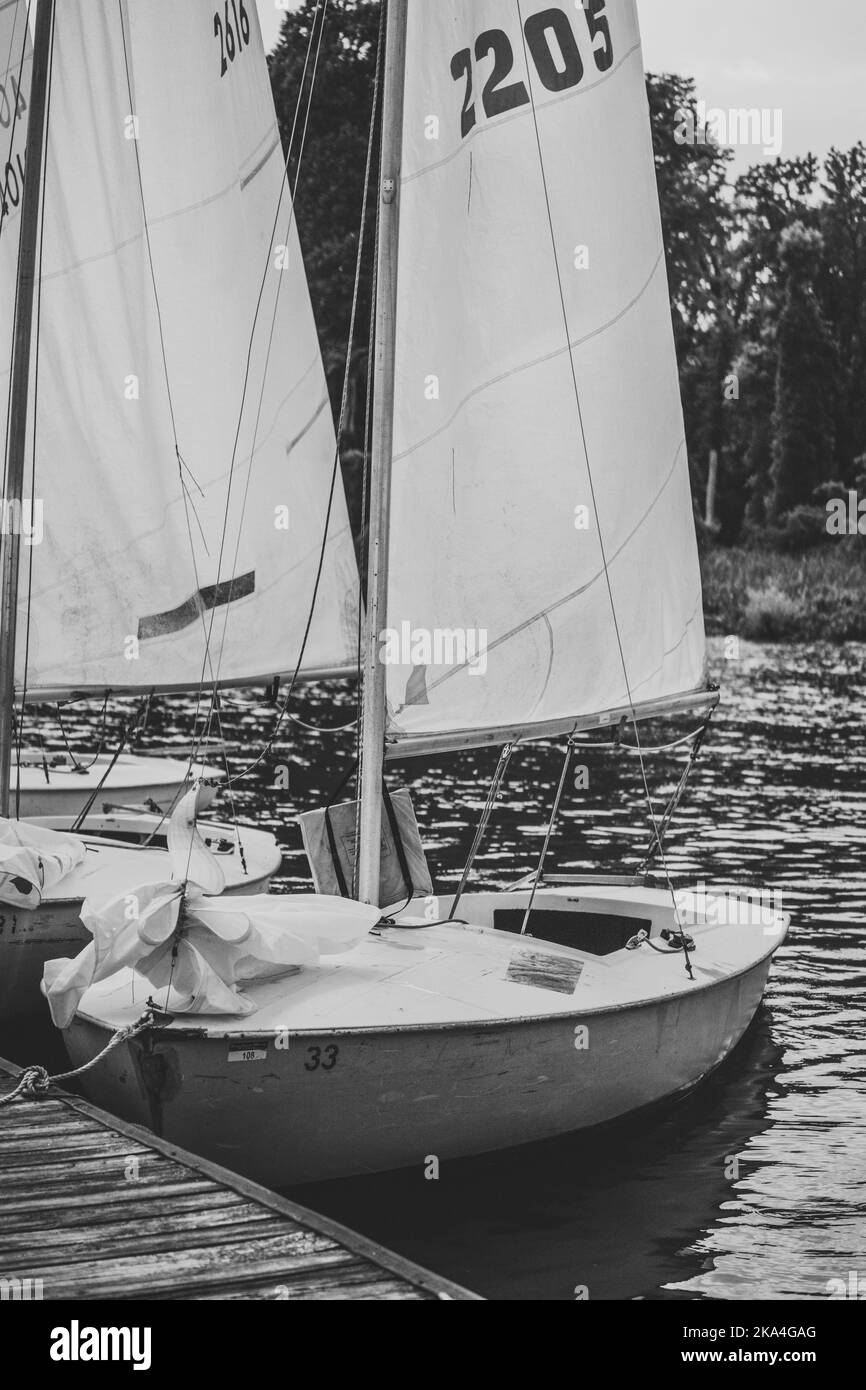 Eine Graustufe von Segelbooten, die im hölzernen Hafen eines Sees festgemacht wurden Stockfoto