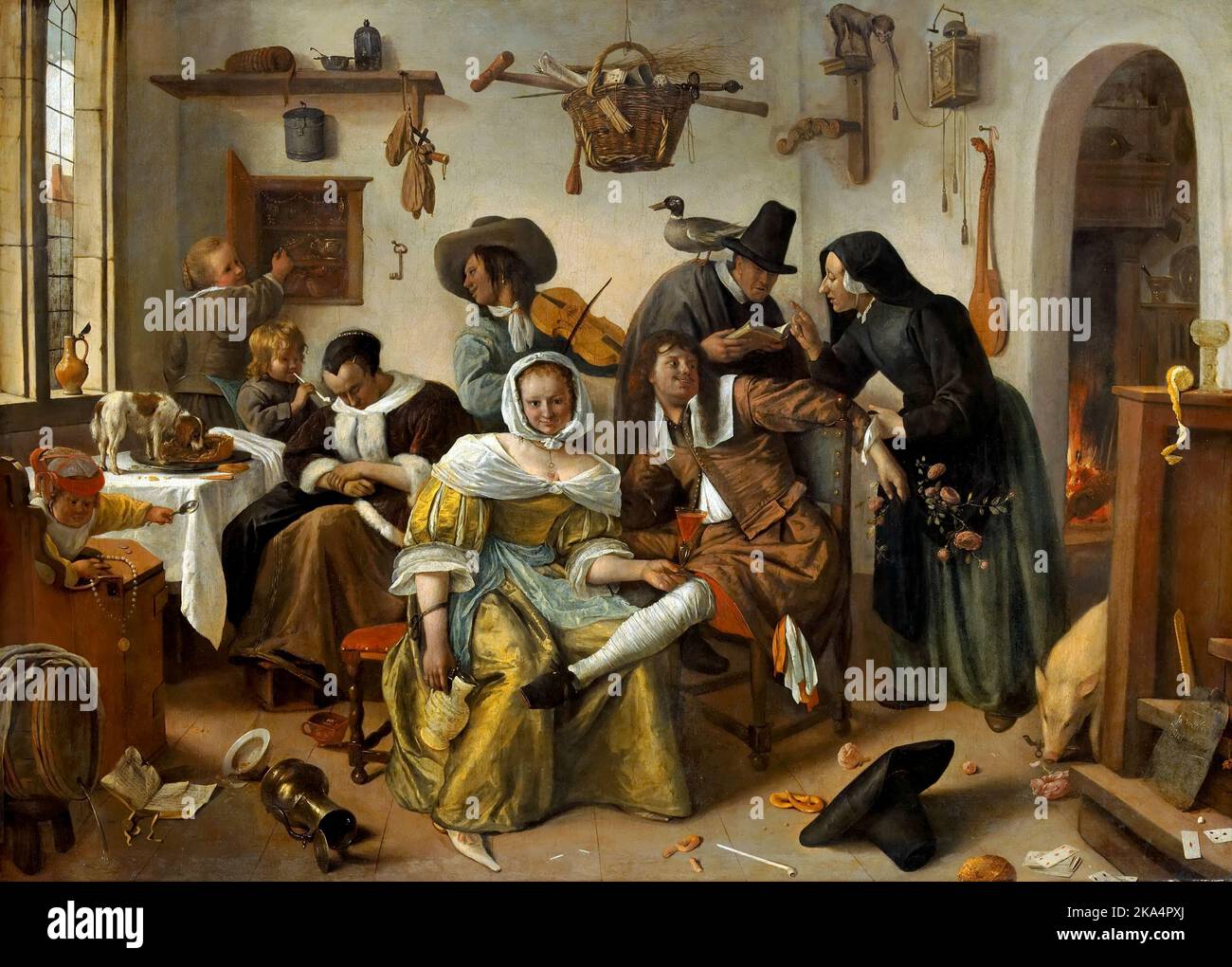Vorsicht vor Luxus, in Weelde Siet tot, (in Luxus, Vorsicht) gemalt von Jan Steen 1663 Stockfoto
