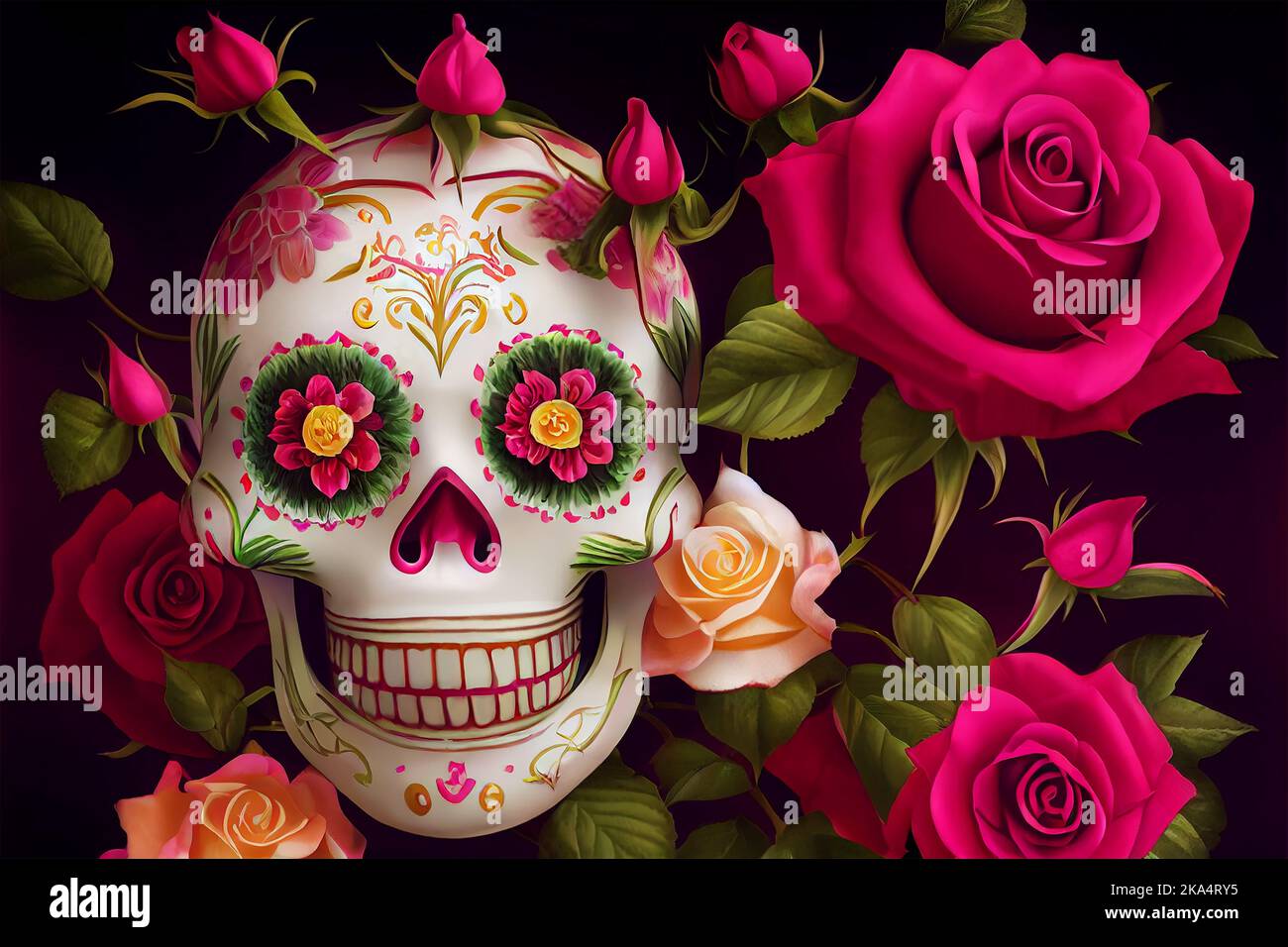 Mexikanischer Stil Zuckerschädel mit roten Rosen. Zuckerschädel florale Verzierung Stockfoto