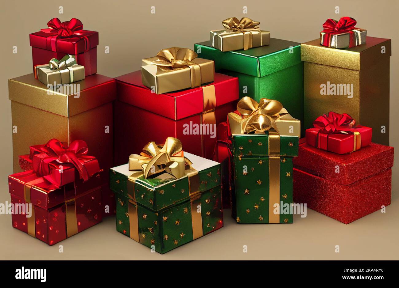 Geschenkboxen rot grün mit goldener Schleife. Weihnachtsgeburtstag Geschenke Stockfoto
