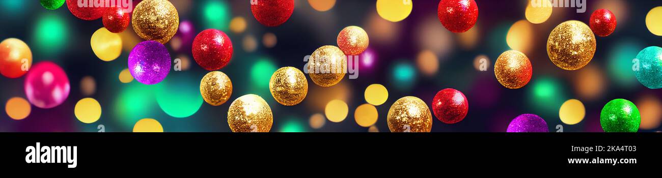 Hintergrund des Weihnachtsbanners. Bunte Dekoration Kugeln, Girlande, Ornamente, Bokeh Lichter Stockfoto