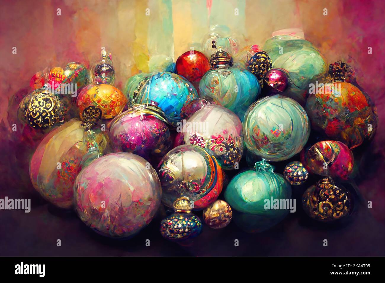 Weihnachten Hintergrund. Bunte Kugeln und Ornamente. Vintage Stil 3D Gemälde Stockfoto