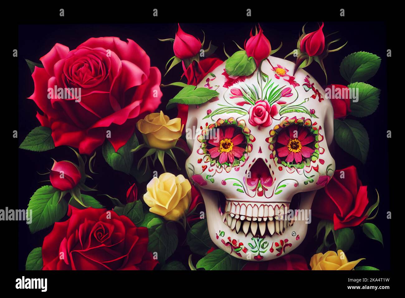 Mexikanischer Stil Zucker Schädel rote Rosen. Sugarschädel mit floraler Verzierung Stockfoto
