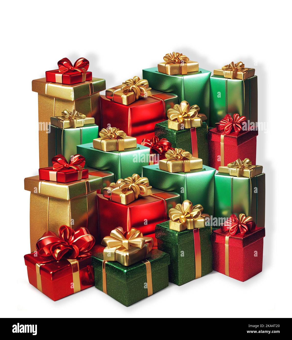Glänzende Geschenkboxen mit goldener Schleife auf weißem Hintergrund Stockfoto
