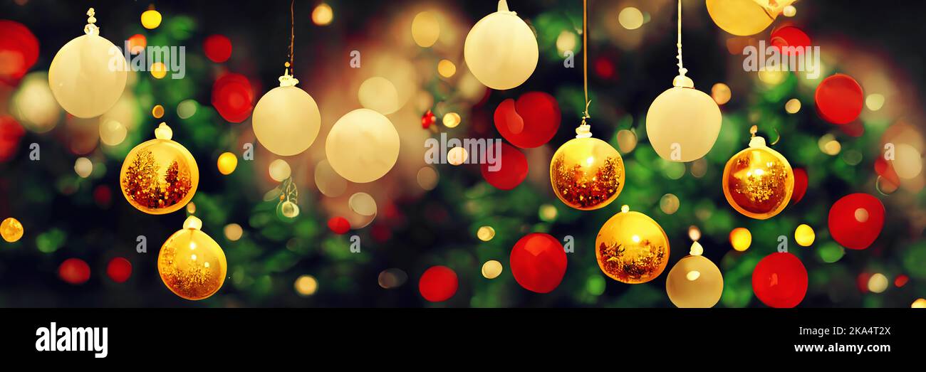 Weihnachtsbanner. Bunte Dekorationen und Ornamente auf unscharfem Hintergrund Stockfoto