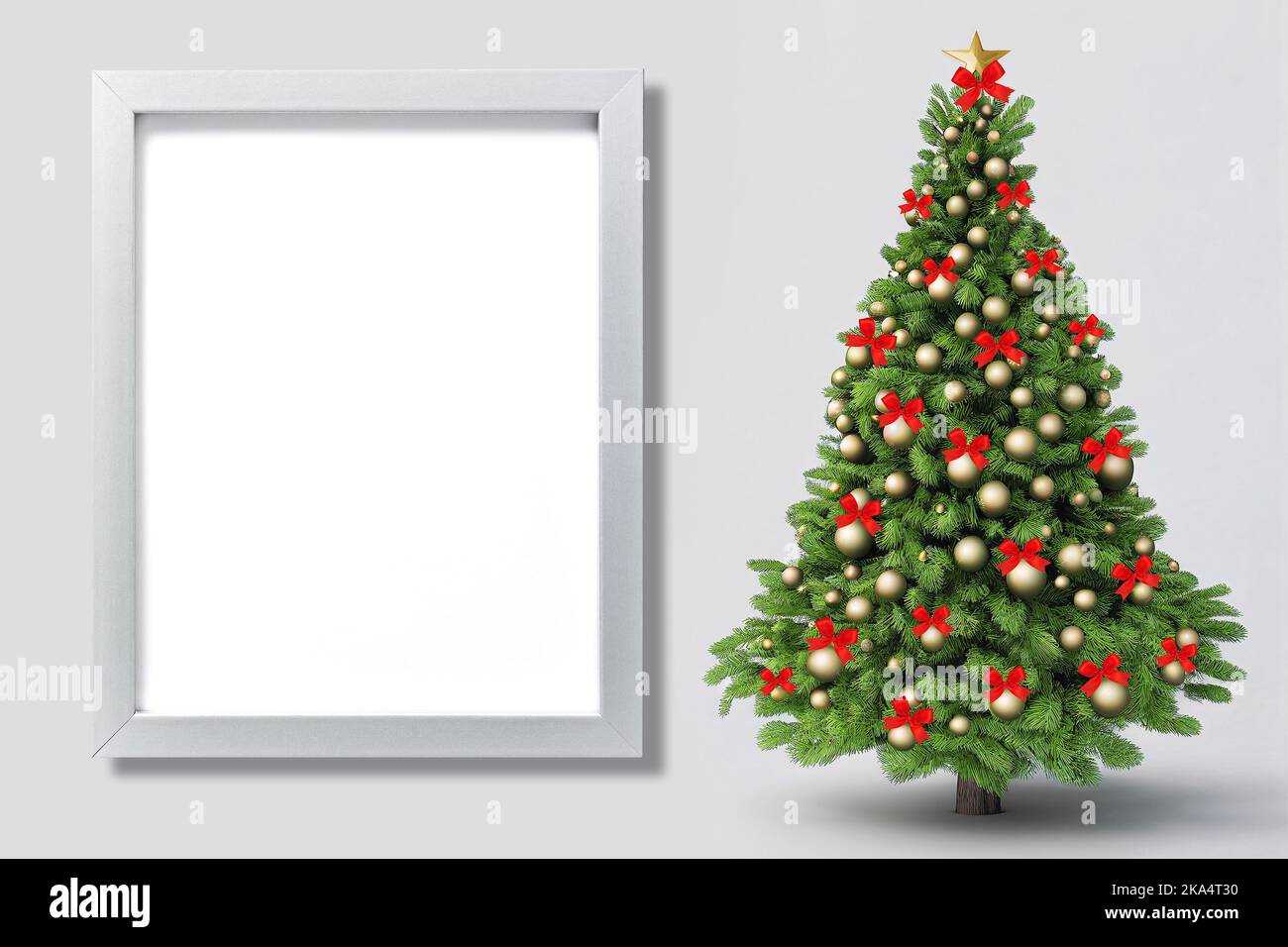 Bilderrahmen-Mockup mit Weihnachtsbaum-Dekoration. Poster-Vorlage. Werbeplakat-Modell Stockfoto