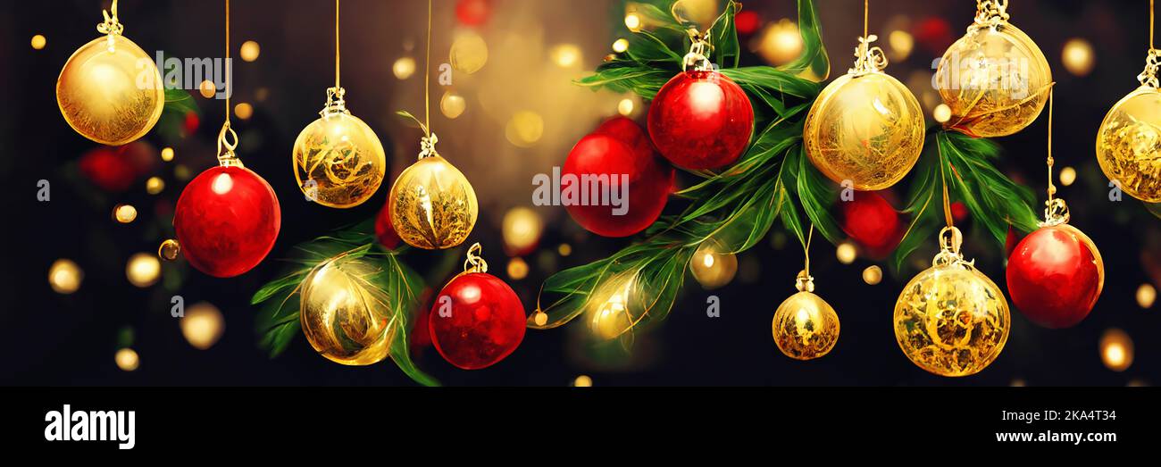 Weihnachtsbanner. Bunte Dekoration Kugeln, Kugeln, Ornamente, Lichter auf dunklem Hintergrund Stockfoto