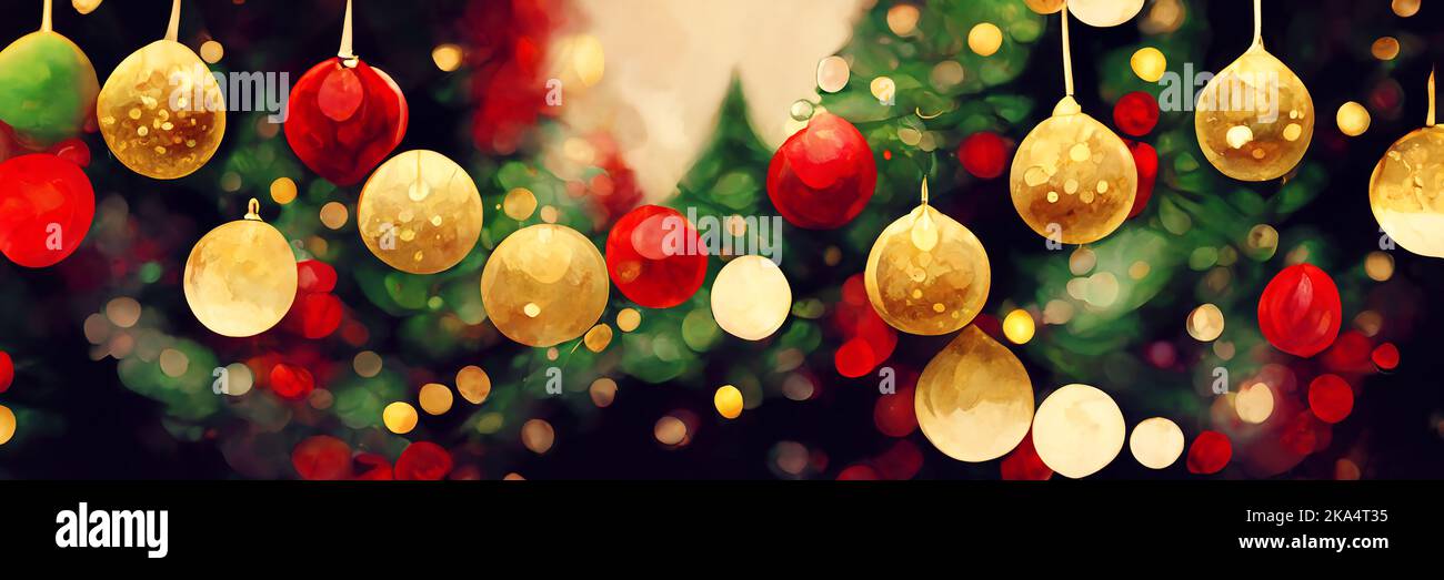Weihnachtsbanner. Bunte Weihnachtsbaumschmuck auf dunklem Hintergrund Stockfoto