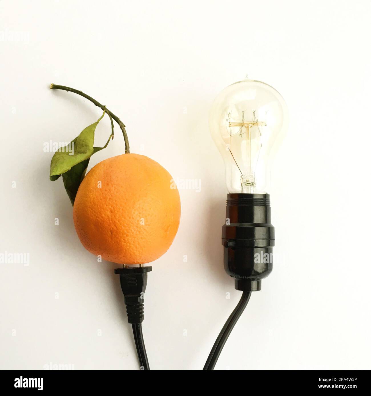 Glühbirne in eine orange eingesteckt, um das Konzept der Lebensmittelerzeugung für saubere Energie zu veranschaulichen Stockfoto
