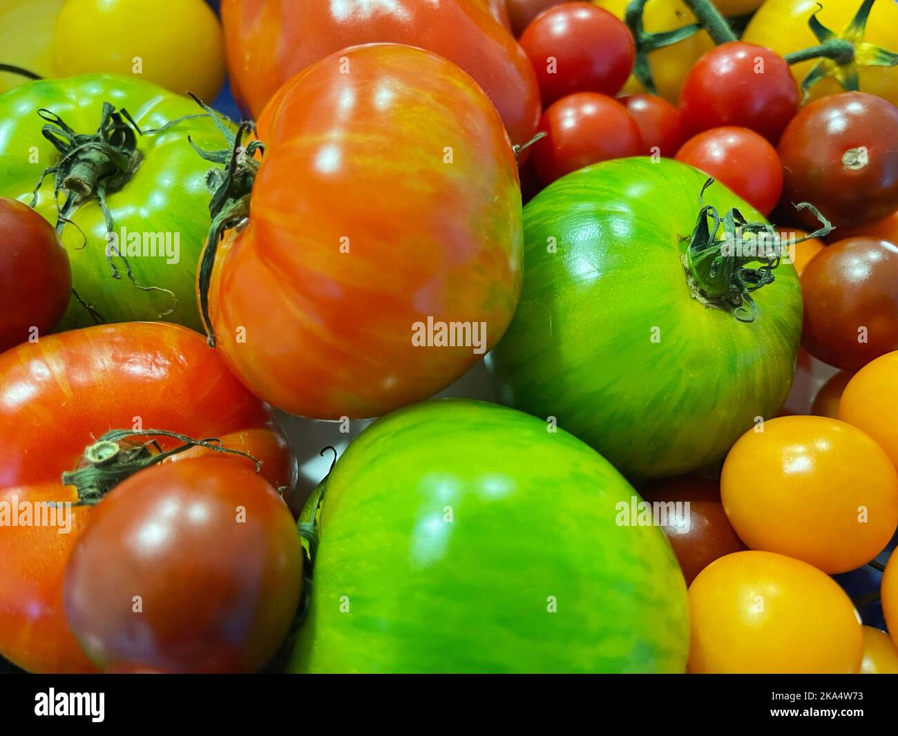 Nahaufnahme von verschiedenen bunten Tomaten im Vollformat Stockfoto