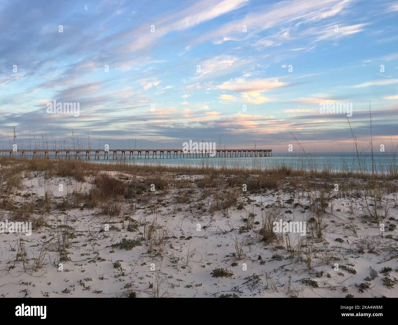 Pensacola Beach Gulf Pier bei Sonnenuntergang, Pensacola, Santa Rosa, Florida, USA Stockfoto