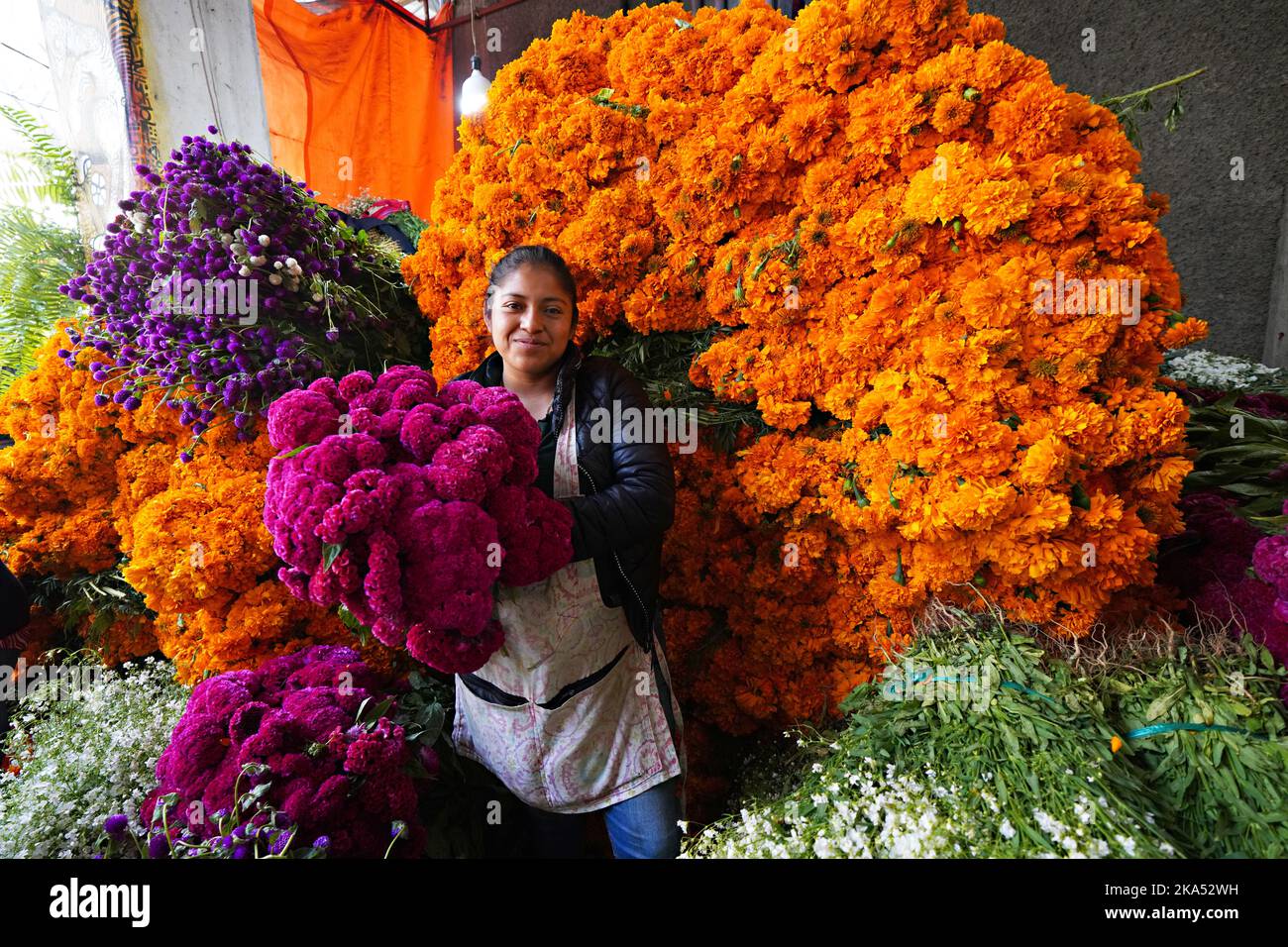 Mexiko-Stadt, Mexiko. 31. Oktober 2022. Eine Blumenverkäuferin posiert mit ihren riesigen Bündeln aus rotem Hahnenkamm und Cempasuchil, dem traditionellen Tag der Toten Blumen, mit dem Altäre und Gräber während des jährlichen Festivals auf dem Jamaica Flower Market am 31. Oktober 2022 in Mexiko-Stadt, Mexiko geschmückt wurden. Quelle: Richard Ellis/Richard Ellis/Alamy Live News Stockfoto