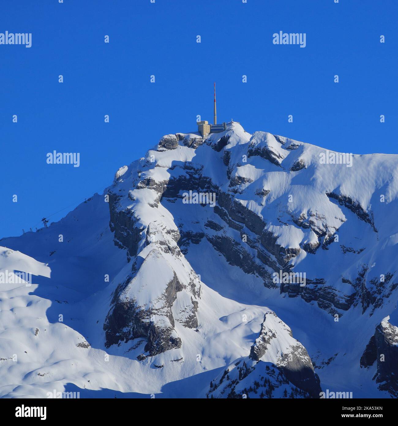 Gipfel des Mount Saentis im Winter. Stockfoto