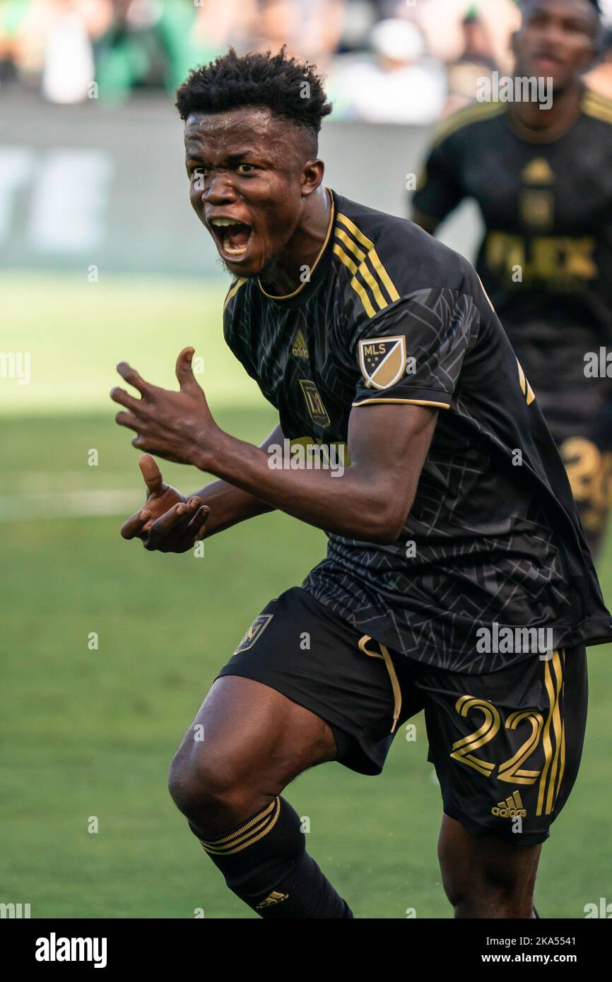 Los Angeles FC-Stürmer Kwadwo Opoku (22) feiert nach einem Tor beim Finale der MLS Western Conference gegen den FC Austin am Sonntag, Stockfoto