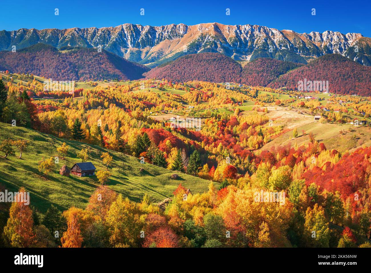 Piatra Craiului, Karpaten - Rumänien. Schöne Herbstfarben malerische Landschaft in Rucar-Bran touristischen rumänischen Wahrzeichen. Stockfoto