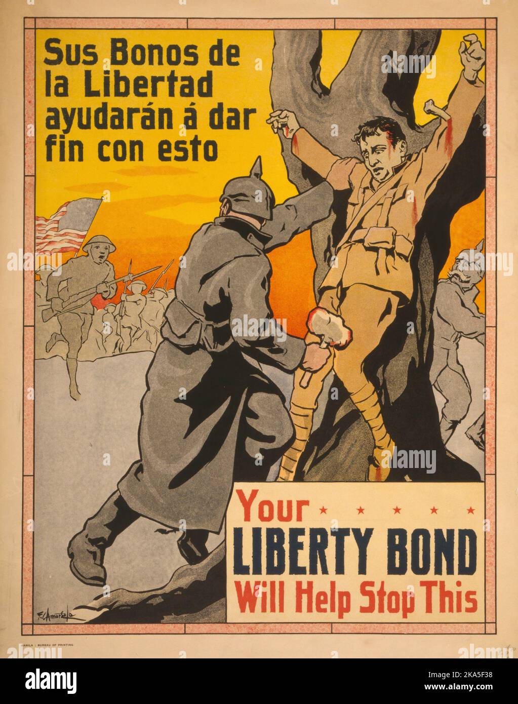 Ein Vintage-Plakat, auf dem deutsche Soldaten einen Mann an einen Baum nageln, als amerikanische Soldaten zu seiner Rettung kommen, 1917. Das Plakat war Werbung für den Kauf von Kriegsanleihen, genannt Liberty Bonds. Stockfoto