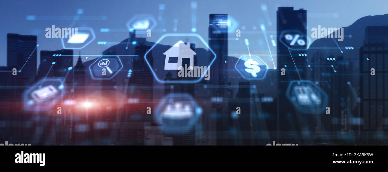 Smart-Home-Technologie-Symbol im Hintergrund der Stadt. Automatisierungssystem Stockfoto
