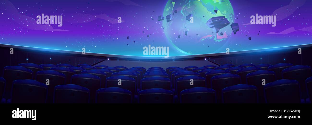 Planetarium-Innenraum mit großer kugelförmiger Anzeige und vielen leeren Sitzen. Cartoon-Vektor-Illustration des Films über den Weltraum, den Planeten Erde und die Planeten auf der Kinoleinwand in der leeren Halle. Astronomie-Wissenschaft Stock Vektor