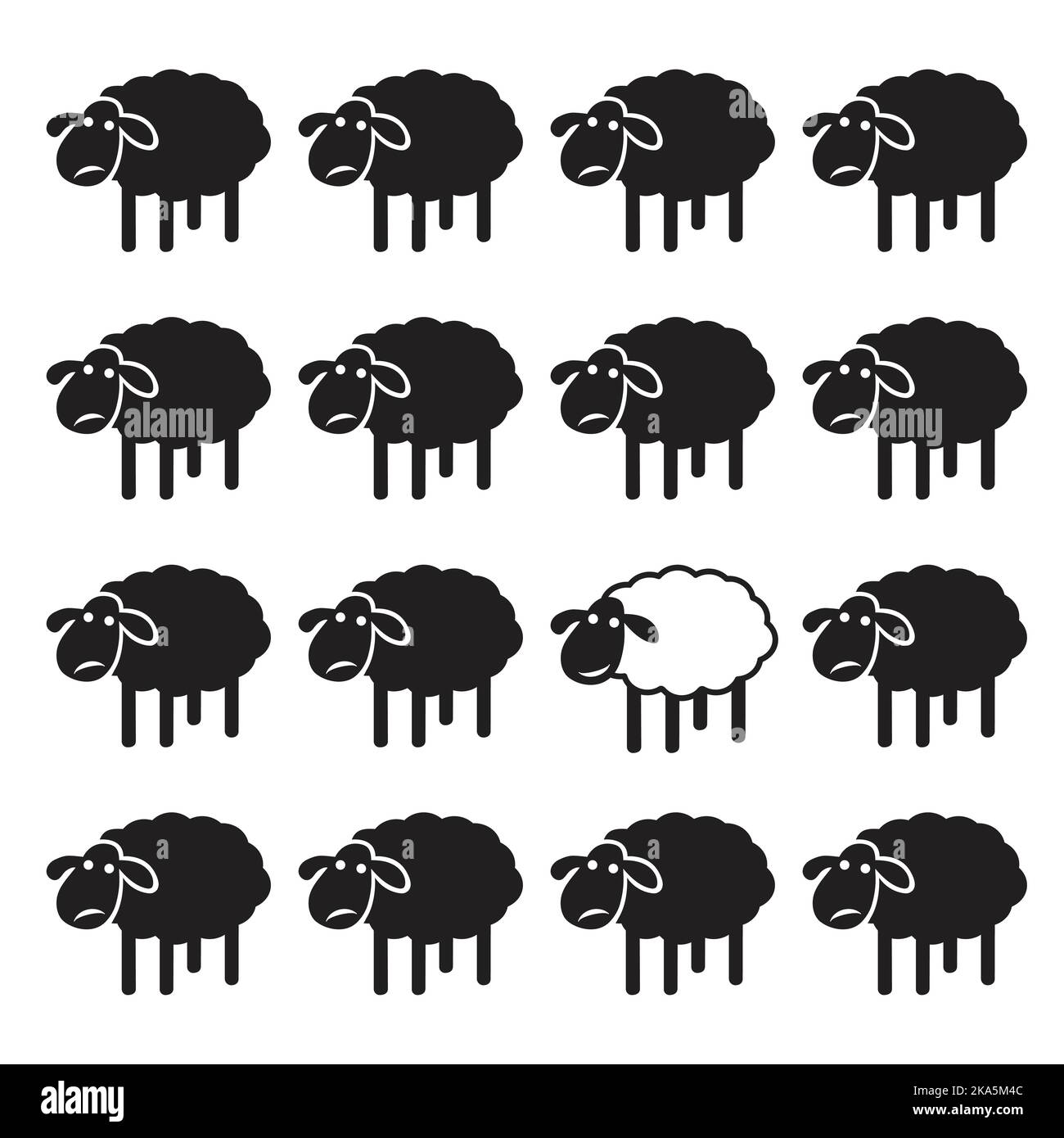 Einzelne weiße Schafe in schwarzen Schafen Gruppe. Unähnliches Konzept. Leicht editierbare Vektorgrafik mit Ebenen. Tiere. Stock Vektor