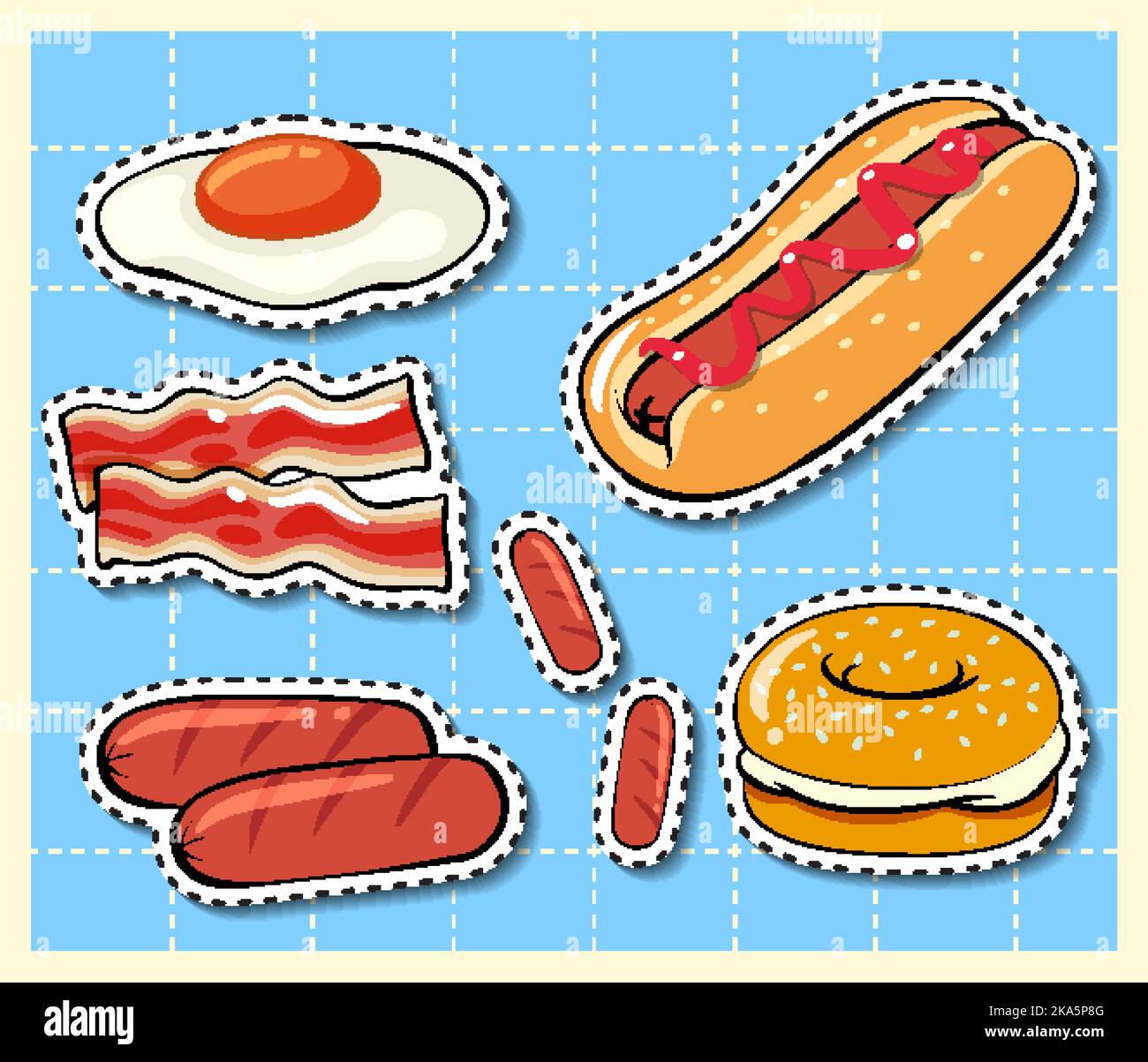 Cartoon-Aufkleber für gemischte Lebensmittel auf der Hintergrundgrafik des Rasters Stock Vektor